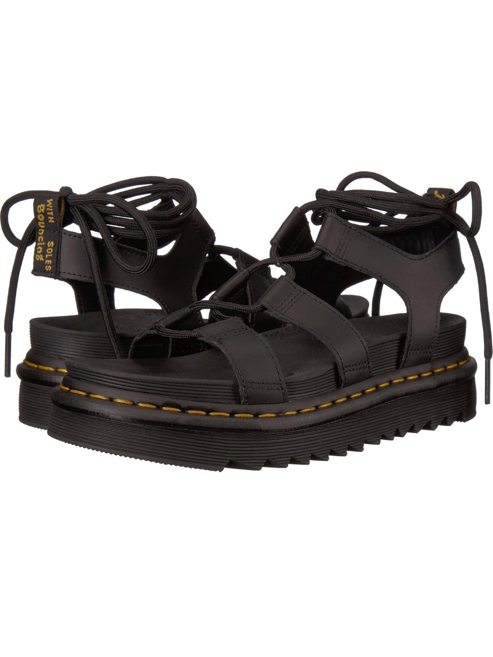 Dr. Martens Black Lace-Up Platform Gladiator Sandals with Yellow Stitching